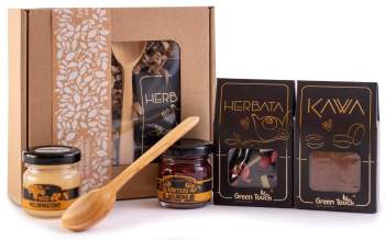Box prezentowy zestaw z herbatą i kawą czarno złoty miód konfitura łyżka - zdjęcie 1