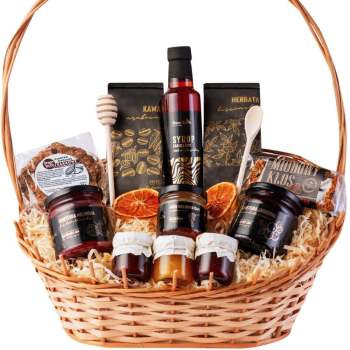 Kosz prezentowy wiklinowy zestaw koszyk na prezent herbata kawa miód syrop konfitury - zdjęcie 1