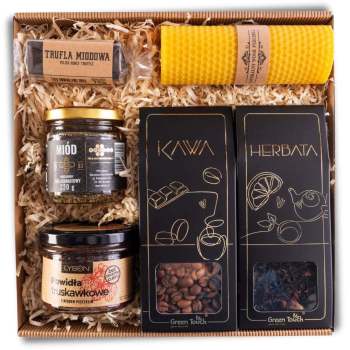 Elegancki kosz prezentowy herbata kawa miód świeca powidła gotowy upominek premium - zdjęcie 1