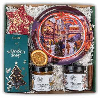 Zestaw prezentowy kosz pudełko ciastka, świąteczny prezent herbata na święta - zdjęcie 1