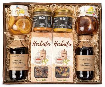 Duży kosz prezentowy z herbatami owocowymi, przetworami i miodami - zdjęcie 1