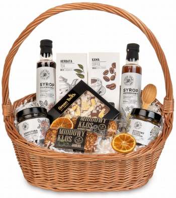 Kosz prezentowy motyw biały wiklinowy z herbatą i kawą słodycze syropy - zdjęcie 1