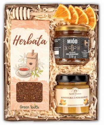 Kosz prezentowy zestaw z herbatą, konfiturą i miodem na prezent - zdjęcie 1