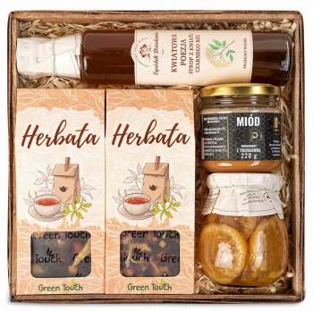 Kosz prezentowy z herbatami owocowymi, przetworami i miodem - zdjęcie 1