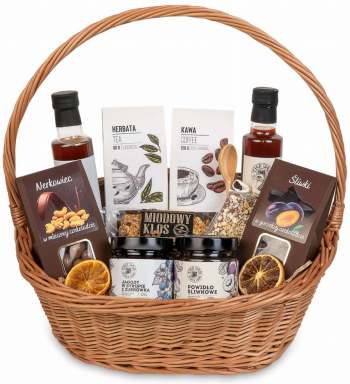 Kosz prezentowy wiklinowy zestaw z herbatą i kawą bakalie w czekoladzie - zdjęcie 1