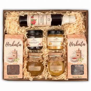 Duży kosz prezentowy z przetworami, herbatą rooibos i hibiskusem - zdjęcie 1