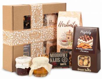 Zestaw prezentowy z herbatą, migdały, miód i słodycze. Naturalny upominek, prezent uniwersalny - zdjęcie 1